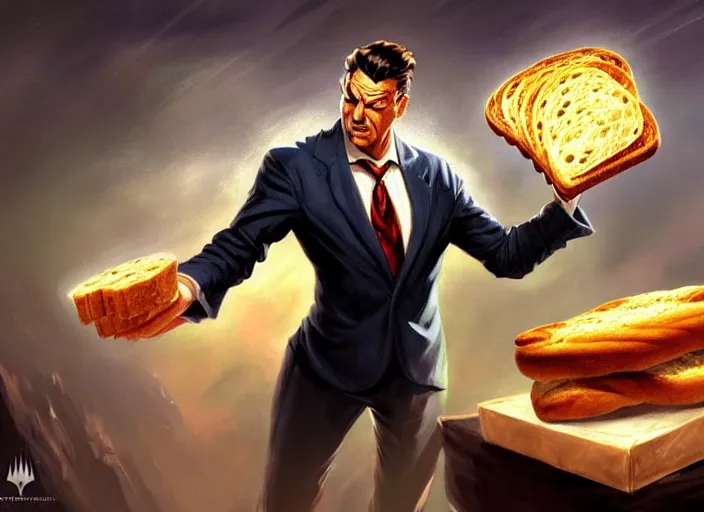 Image similar to magic : the gathering fantasy character concept art of the great businessman by marco bucci and frank frazetta, high resolution. a clear portrait of powerful, business man wearing a business suit, holding a magical briefcase overflowing with bread and toast swirling around, fantasy coloring, intricate, digital painting, artstation, smooth, sharp focus