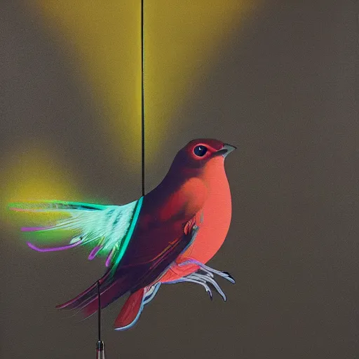 Prompt: a neon-winged mechanical austral thrush, the background is the kernel of a virtual world, oil on canvas by Yoji Shinkawa and Stina Persson