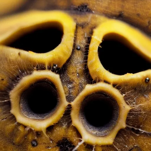 Image similar to a mutated banana with holes in it, there are spiders crawling out of the holes, close up shot.