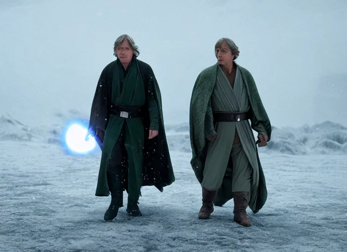 Image similar to luke skywalker in hbo's succession, snowing green particles from the sky, alien planet