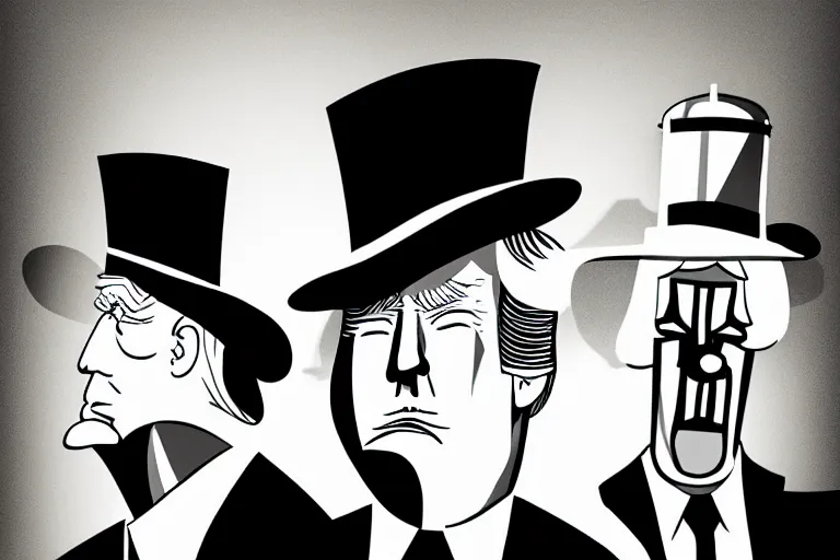 Prompt: poster matte shaded illustration of donald trump and donald trump wearing trench coats and big black hats starring in spy vs spy