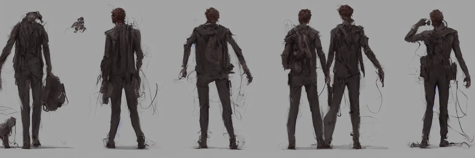 Prompt: character study of julian lage and andrew garfield, innocent, naive, character sheet, fine details, concept design, contrast, kim jung gi, greg rutkowski and francis bacon, trending on artstation, 8 k, full body and head, turnaround, front view, back view, ultra wide angle