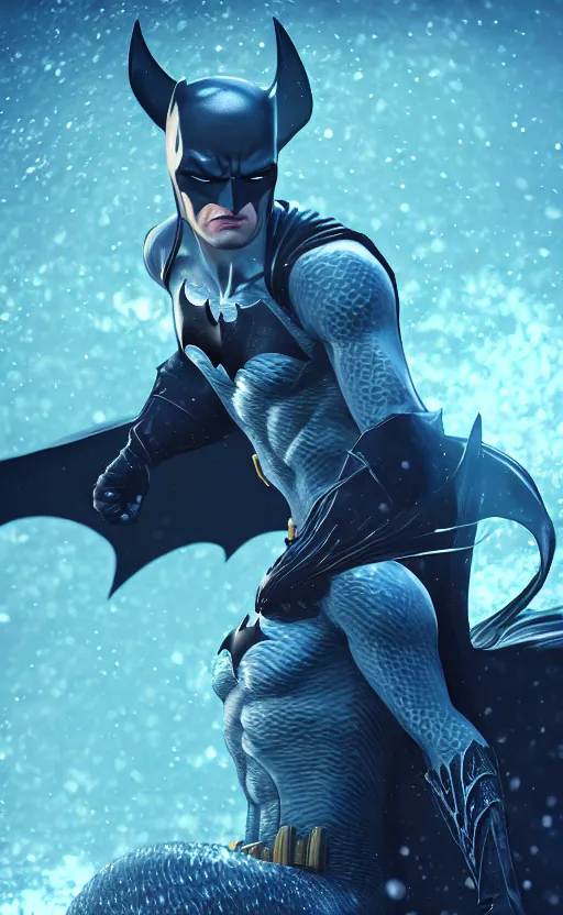 Image similar to batman as a charming mermaid work safe dreamlike with jewelry, character art, hyperdetailed, 8 k realistic, frostbite 3 engine, cryengine, dof, trending on artstation, digital art