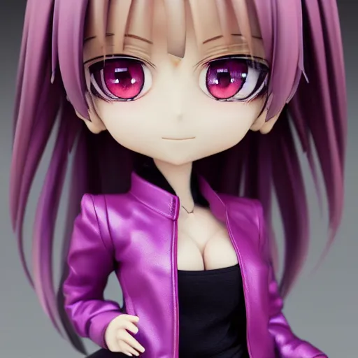 Image similar to portrait of a anime and chibi very cute doll with purple jacket design by xkung work, nendoroid, kawaii, cyberpunk fashion, character modeling, 7 0 mm lens, maximalist sculpted design, toy design, substance 3 d painter, vray, soft vinyl, trending in artstation