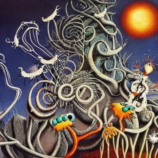 Prompt: tim burton and dr seuss dark surrealism painting., detailed, elegant, intricate, 4 k, renaissance painting