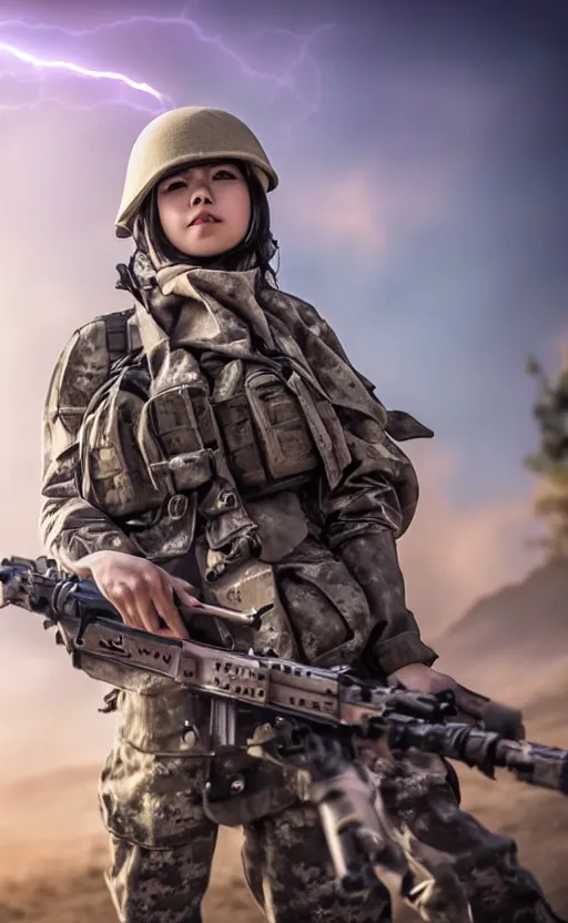 Image similar to infantry girl under heavy fire, highly detailed, explosions in background, high resolution, cosplay photo, stunning, girls frontline style, bokeh soft, shot on 7 0 mm, zenithal lightning, trending on instagram, by award winning photographer, real human faces, symmetrical facial features, modern warfare, shot with a professional camera, low saturation