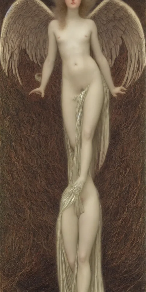 Image similar to Say who is this with silver hair so pale and Wan and thin? Feminine angel in the style of Jean Delville, Lucien Lévy-Dhurmer, Fernand Keller, Fernand Khnopff, oil on canvas, 1896, 4K resolution, aesthetic, mystery