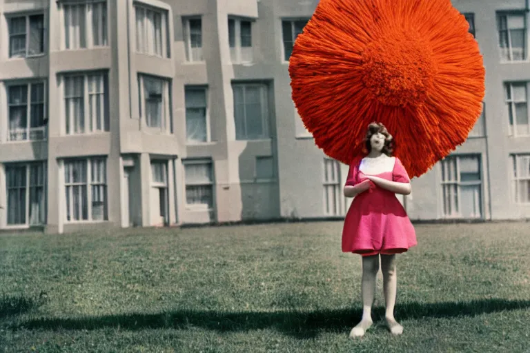 Image similar to giant flower head, girl standing, 1 9 6 0 s hotel, surreal photography, centered frontal, symmetry, mid century, bright colours, wes anderson