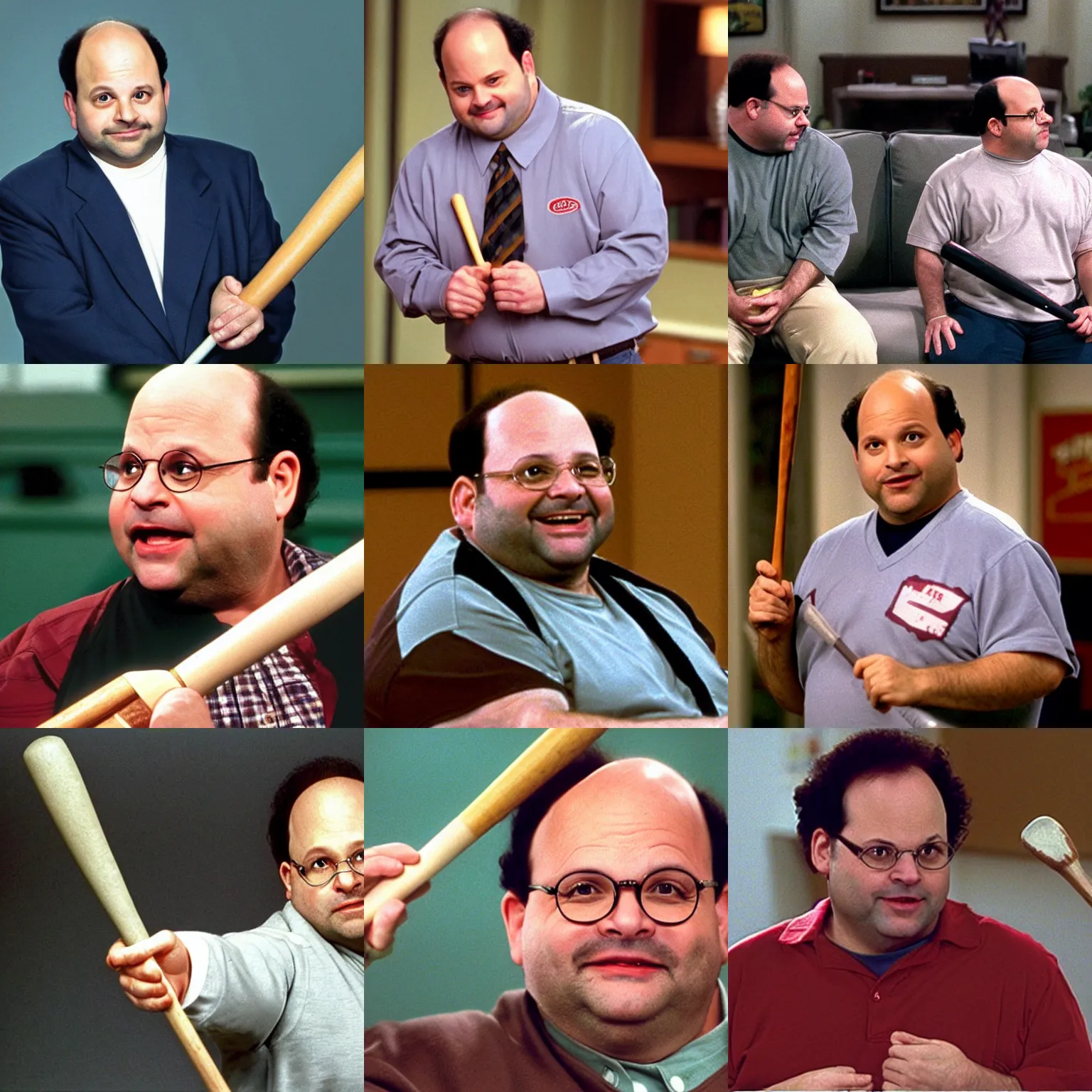 Prompt: Jason Alexander playing george costanza with a smirk holding a baseball bat saying I Seriously Hope You Guys Don’t Do This (SHYGDDT costanza.jpg seinfeld 1996
