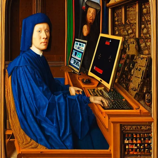 Image similar to a portrait of a person jacked into their cyberdeck by Jan van Eyck