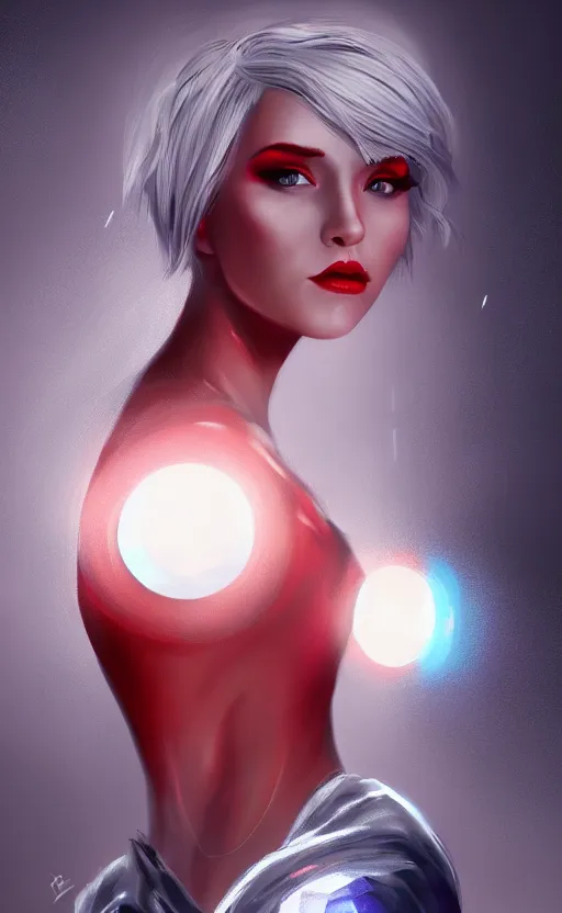 Image similar to the prettiest woman with silver blue hair, in a red and white dress portrait, dynamic lighting, fantasy concept art, trending on art station, stunning visuals, creative, cinematic, ultra detailed, ray tracing, sun rays, hyper realistic