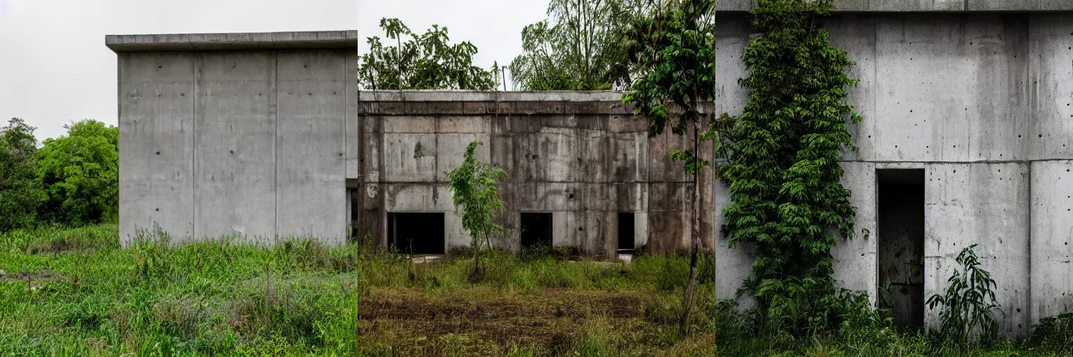 Prompt: Abandoned concrete building with plants and trees, overcast