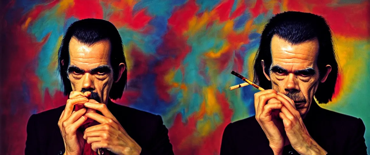 Image similar to award winning photo of NICK CAVE smoking DMT, vivid colors, happy, symmetrical face, beautiful eyes, studio lighting, wide shot art by Sally Mann & Arnold Newman