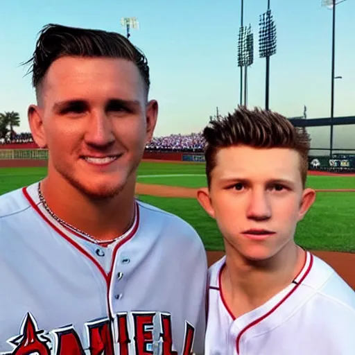 Prompt: “a realistic detailed photo of a guy who is named Mike Trout a baseball player , hypnotized by Tom Holland using a watch”