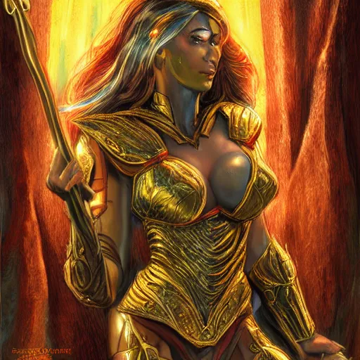 Image similar to bright, colorful, realistic, detailed from Elder Scrolls: shivering isles concept art golden saint a warrior woman with skin and hair made of bright and shiny gold backlighting, kodachrome, high contrast, highly detailed, sharp focus, digital painting, concept art, illustration, trending on artstation, comic book by Alex Ross and Adam Adamowicz cover art