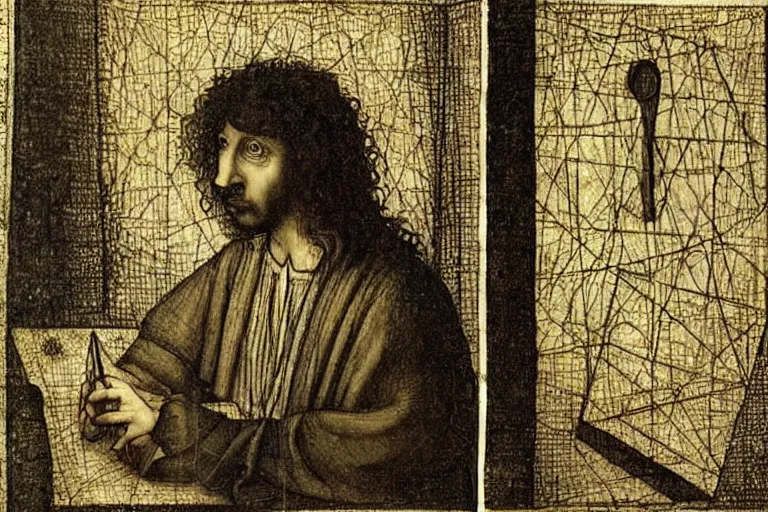 Image similar to ! dream an annoyed curly - haired persian guy programmer by leonardo davinci, hieronymous bosch, mc escher