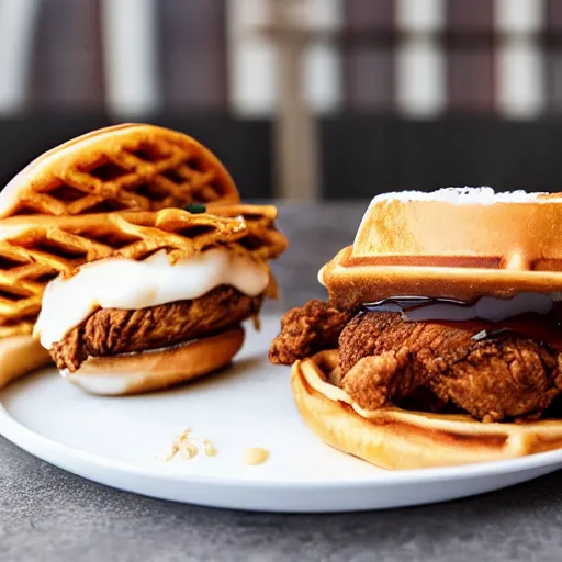 Prompt: fried chicken sandwich with Belgian Waffle Bun, maple syrup & hot fudge, ice cream on the side, 4K, HD