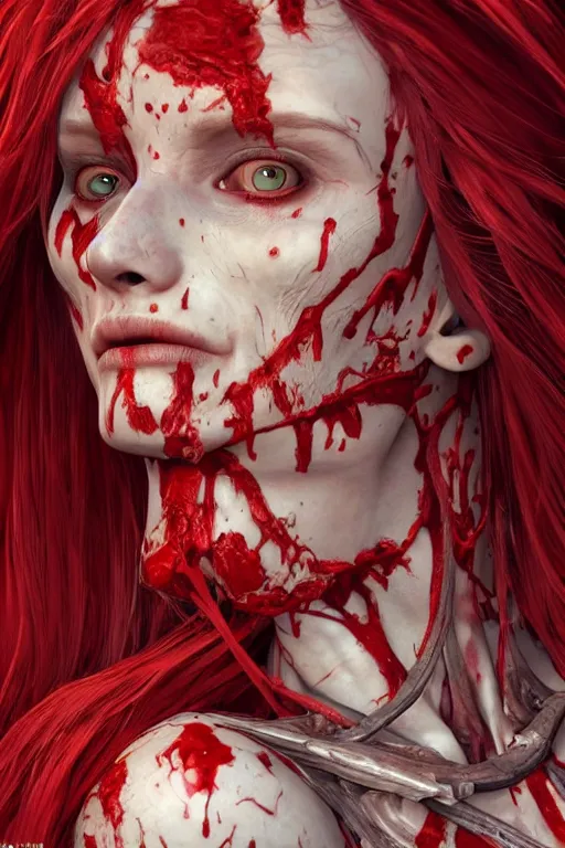 Image similar to woman skeleton covered with blood, long red hair, ultra realistic, concept art, intricate details, highly detailed, photorealistic, octane render, 8 k, unreal engine. retro film still, heavy grain, 3 5 mm, art by artgerm and greg rutkowski and alphonse mucha