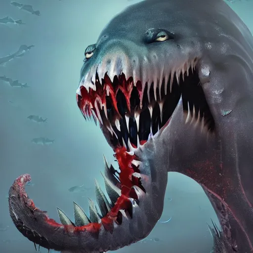 Image similar to terrifying sea creature, big teeth, ominous, scary, horror, realistic, digital art, photorealism, trending on artstation