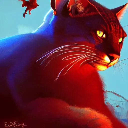 Image similar to a big blue cat caught a red sable. turqoise background. painting by eddie mendoza, greg rutkowski
