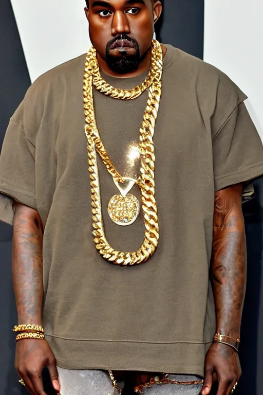 Image similar to kanye west wearing diamond miami cuban link chain with kanye head pendant made out of gold and diamonds