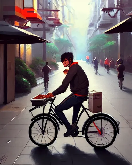 Prompt: a ultradetailed painting of a uber eats food delivery guy on a bicycle, greg rutkowski and makoto shinkai trending on artstation