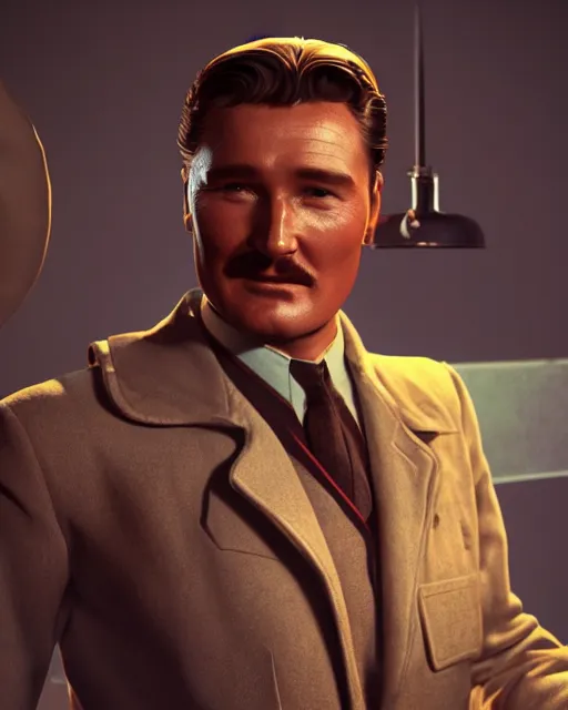 Image similar to Errol Flynn as a scientist. 1980s dystopian Soviet Russia, propaganda screens. Unreal engine, fantasy art by Sergey Grechanyuk. Faithfully depicted facial expression, perfect anatomy global illumination, radiant light, detailed and intricate environment