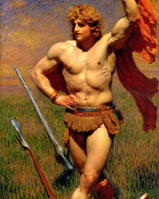 Image similar to heroic alexander the great stands upon the mighty and fallen achilles, he is victorious and gleeful, painting by tom of finland, gaston bussiere, craig mullins, j. c. leyendecker, claude monet