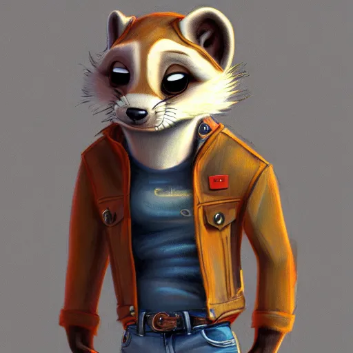 Prompt: beautiful furry art of ferret in jacket and jeans, deviant art, high quality, detailed, zootopia style