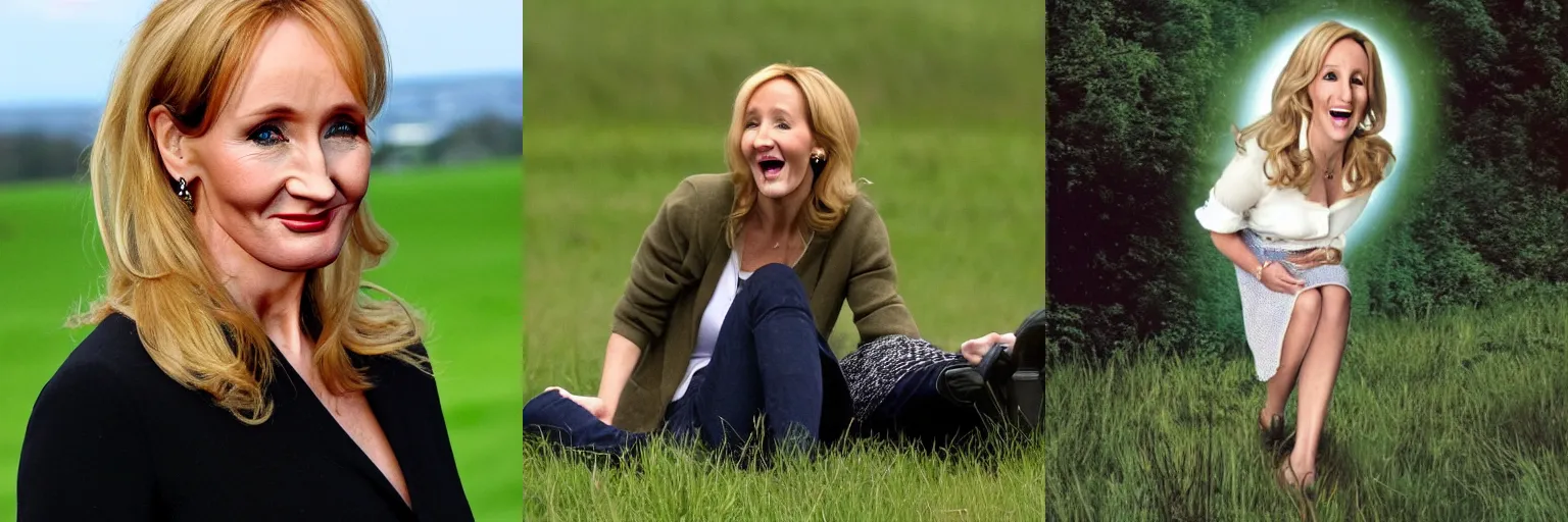 Prompt: JK Rowling is rolling down a grassy field and laughing