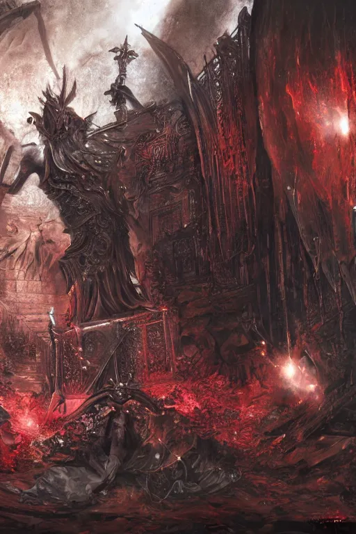 Prompt: Path of Exile, Sirius, bronze face, red eyes, male image with bronze black armor, sitting on the throne, inside the ruined gothic church, black shadows, red lasers, dark red bloody fog fly around, [[blood]], Anachronism, painting, dark fantasy, steampunk, 4k, perfect quality,