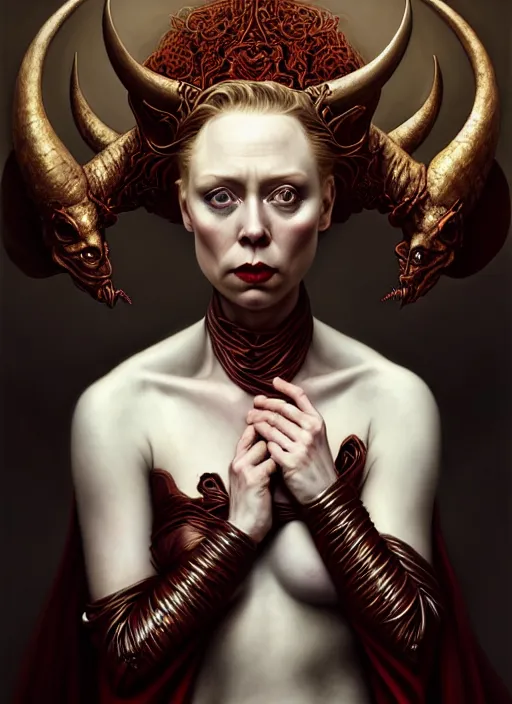 Image similar to gwendoline christie as an devil, aesthetic, fine art, intricate, elegant, highly detailed, realistic hair, centered, digital painting, art station, conceptual art, soft, sharp focus, illustration, artwork, artgerm, tomasz alen kopera, peter mohrbacher, donato giancola, wlop, boris vallejo