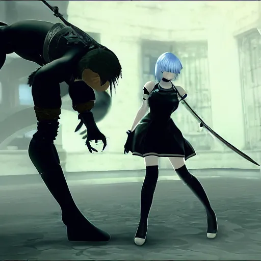 Prompt: photo of 2b fighting kaine from nier