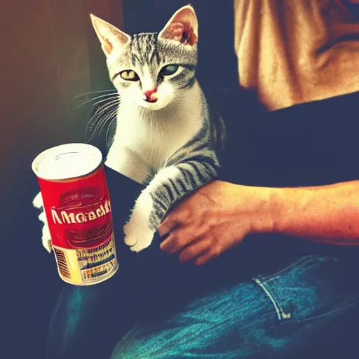 Prompt: “photograph of cat sitting like a human, holding a can of beer, hd, 8k”