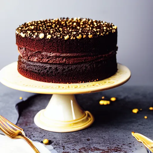 Prompt: a photo of the most delicious chocolate cake mankind has ever seen, gold sprinkles, studio lighting, 8 0 mm lens, ultra detailed, hyper realistic, realistic materials