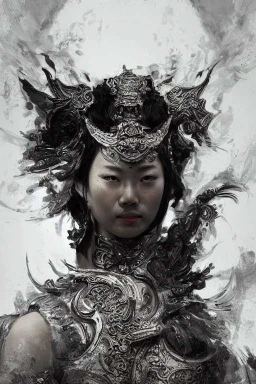 Prompt: chinese god, portrait, fierce, intricate, elegant, black and white volumetric lighting, scenery, digital painting, highly detailed, artstation, sharp focus, illustration, concept art, ruan jia, steve mccurry