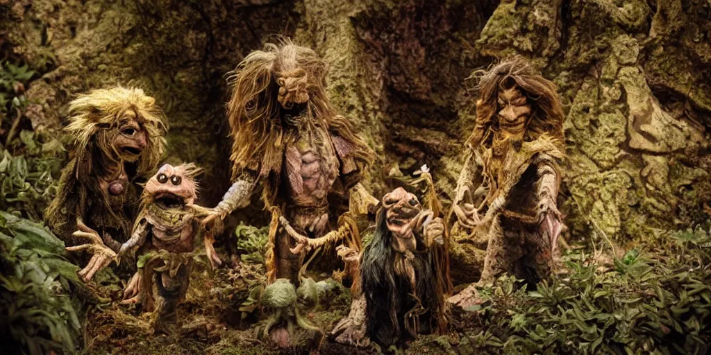 Image similar to A scene from a film in the style of The Dark Crystal, Jim Henson Puppets, realistic, epic adventure, creatures, castle, fantasy, cinematic style, 35mm, film post process