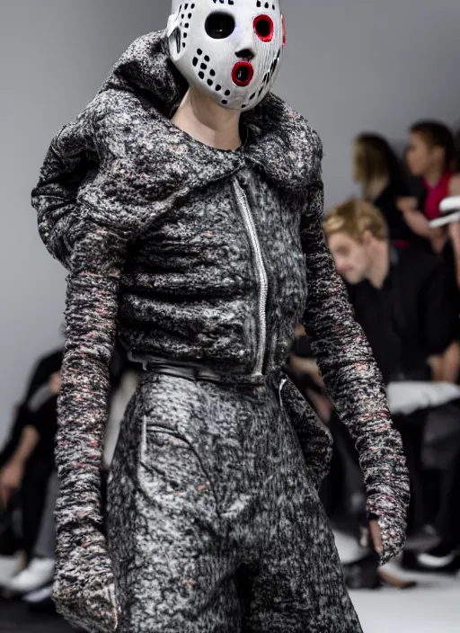 Image similar to hyperrealistic and heavy detailed balenciaga avant garde runway show of jason voorhees, leica sl 2 5 0 mm, vivid color, high quality, high textured, real life, full body in shot, medium distance