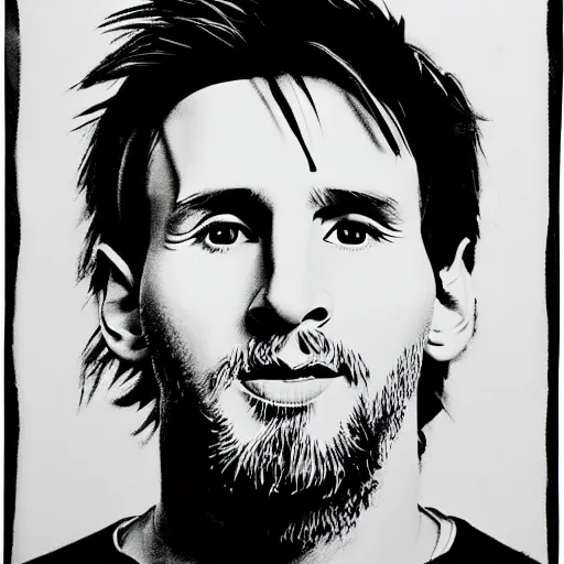 Image similar to a portrait of Lionel Messi, made by Andy Warhol, two tone, very high contrast, only black and white, simplistic, extremely high contrast, two tone, notan art, by Andy Warhol, minimalistic,