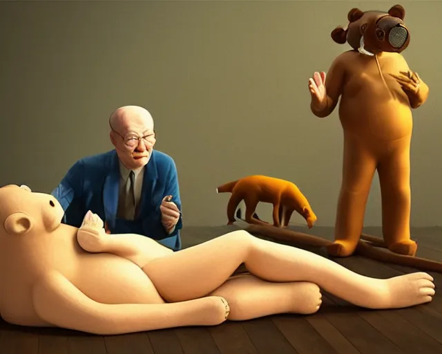 Image similar to the famous snake oil salesman Uncle Aloysius curing a patient of 🐻, painting by Grant Wood, 3D rendering by Beeple, sketch by R. Crumb