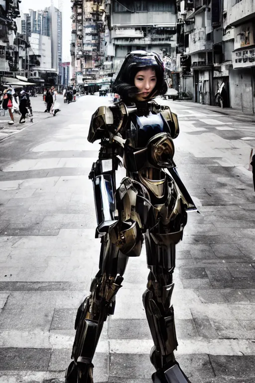 Image similar to portrait cinematography of beautiful young female, clothed in sci-fi military armor, long hair blowing in the wind. Giant mechs in the streets of Hong Kong. by Anita Sadowska