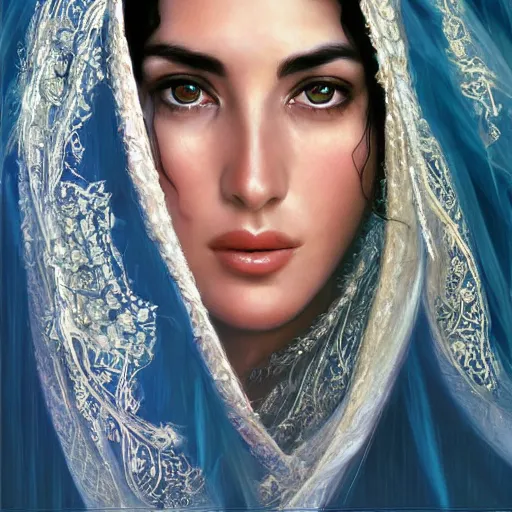 Image similar to Beautiful face Portrait of crying young arab Monica Bellucci, really big blue eyes, long wavy black hair, white veil, closeup, focus face, colored, middle eastern, dramatic lighting, intricate, wild, highly detailed, digital painting, artstation, concept art, smooth, sharp focus, illustration, art by artgerm and greg rutkowski and alphonse mucha, footage from space camera