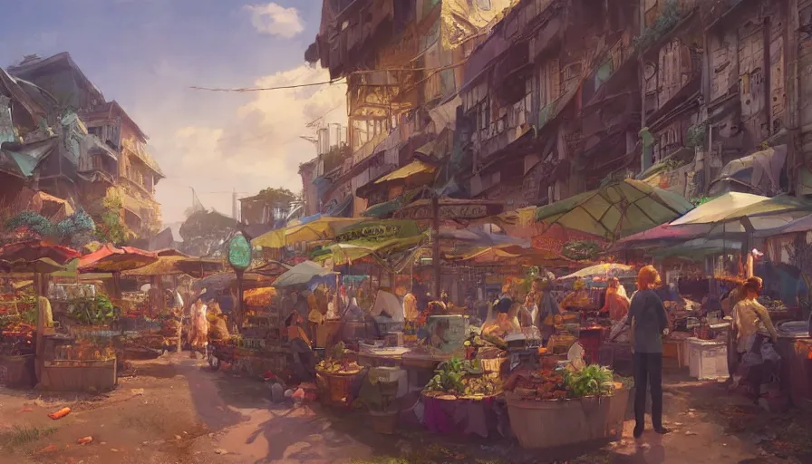 Image similar to craig mullins and ghibli digital illustration of solarpunk farmers market, festival, colorful, unreal engine, hyper realism, realistic shading, cinematic composition, realistic render, octane render, detailed textures, photorealistic, wide shot