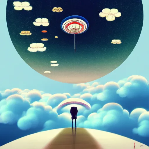 Image similar to a man walking on clouds away from the camera above kyoto by takashi murakami, beeple and james jean, aya takano color style, 4 k, super detailed, modern, 4 k, symmetrical