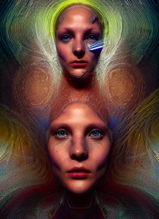 Image similar to highly detailed surreal vfx avante garde portrait of a futuristic 3 d non - euclidean hyperdimensional communications network, hyperrealistic, octane render, chiaroscuro, inspired by james jean, android jones, carne griffiths, gerard brom, denis villeneuve, johannen voss, alphonse mucha, frostbite 3 engine