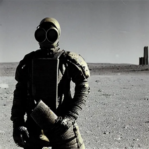 Image similar to a heavily armored man wearing a hazmat suit and gasmask, in the desert, surrealist structures in background, film still, arriflex 3 5