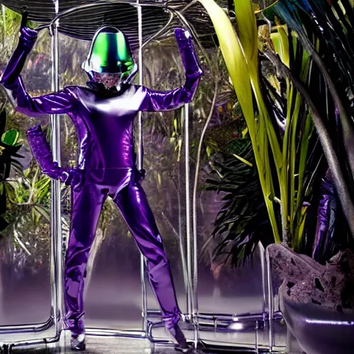 Image similar to conde nast traveler photo, inside a futuristic minimalist alien jungle made out of shiny reflective chrome, futuristic android with limbs made out of stretchy rubber tubing mixed with shiny colorful giant intricate detailed chrome gauntlets and chest piece and gladiator helmet, wearing a long purple velvet cape, fog and mist