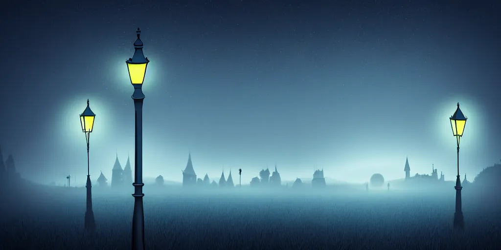 Prompt: curved perspective epic illustration of night city with curly victorian street lamp in a foggy field hilly ground from nightmare before christmas
