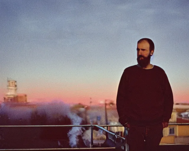 Image similar to lomo photo of 4 0 years russian man with beard and sweater standing on small hrushevka balcony full with cigarette smoke in small russian town looking at sunset, film still, atmospheric, cinestill, bokeh