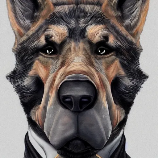 Image similar to a humanoid german shepherd beast - man, wearing suit, highly detailed portrait, digital painting, artstation, concept art, smooth, sharp foccus ilustration, artstation